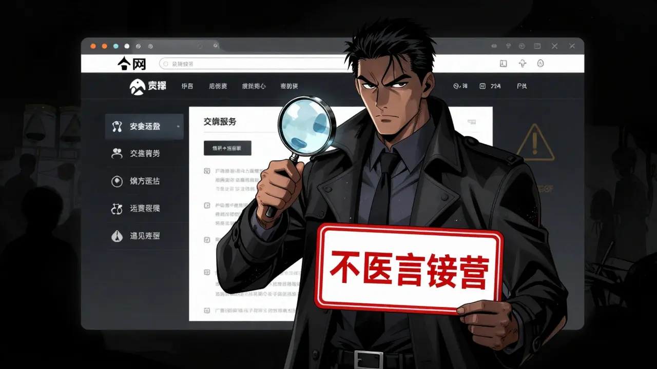 Illustration of a detective spotting red flags like no prescription needed on shady sites.