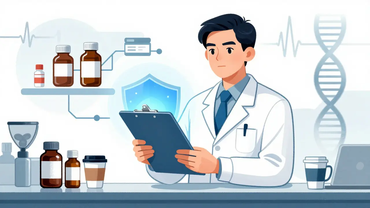 Illustration of a pharmacist explaining caffeine-medication safety