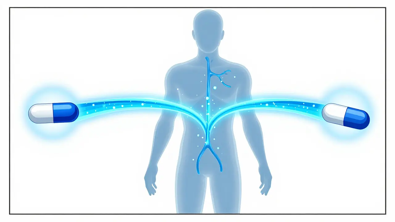 Illustration of identical drug particles merging in bloodstream showing bioequivalence