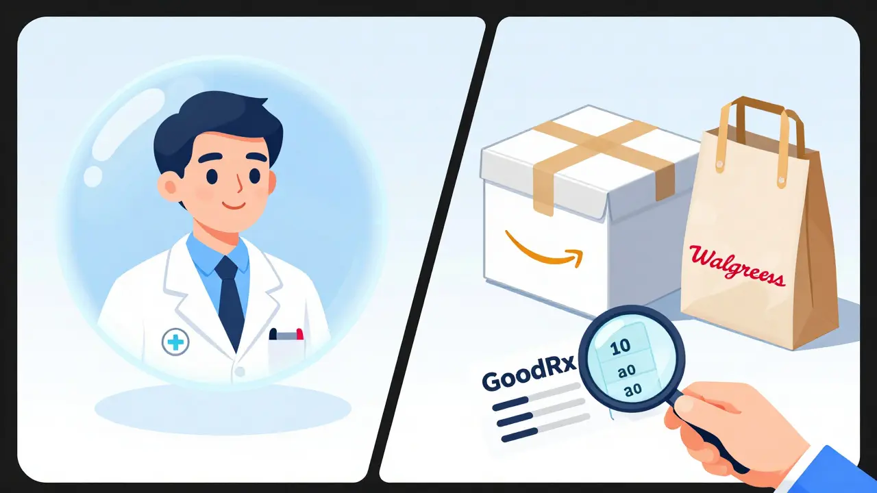 Illustration of online pharmacy options and discount coupons