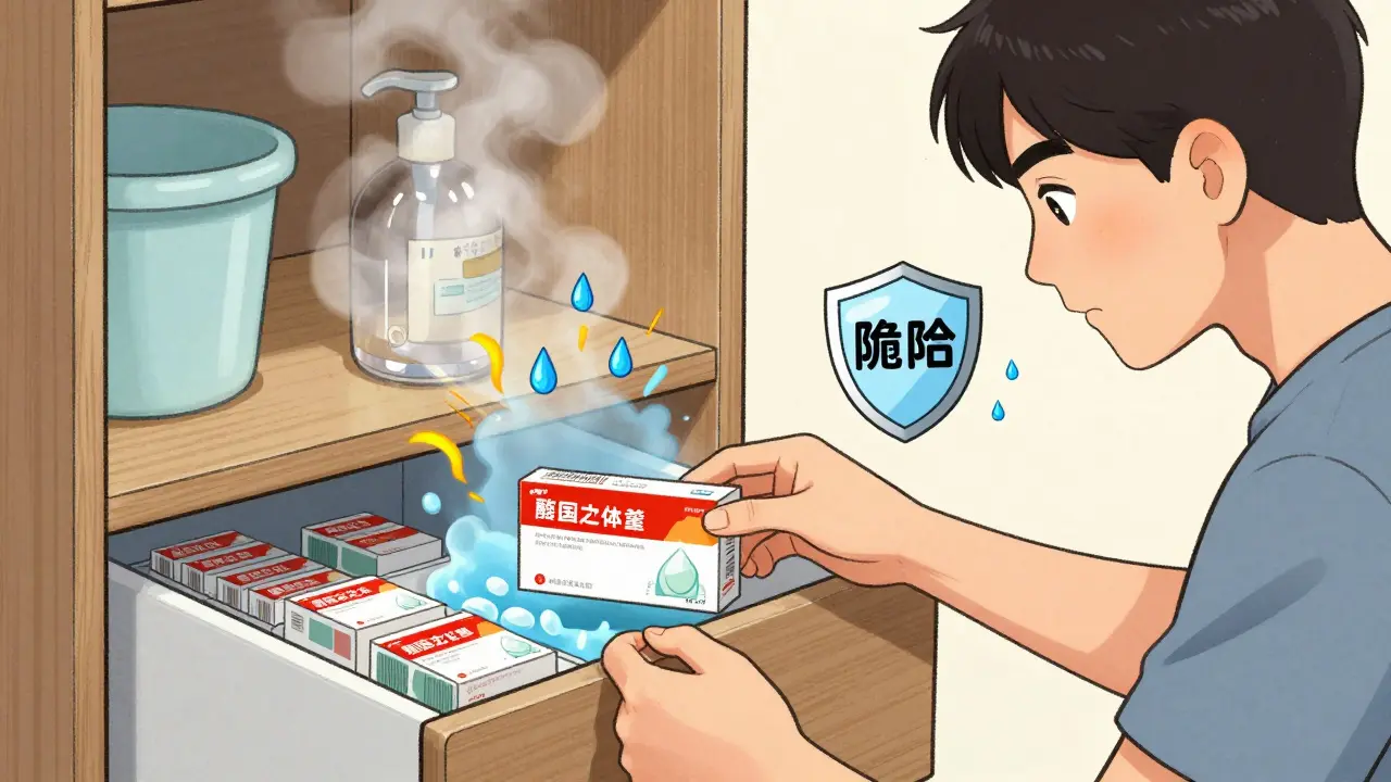 Illustration of proper medication storage in a dry drawer away from bathroom humidity.