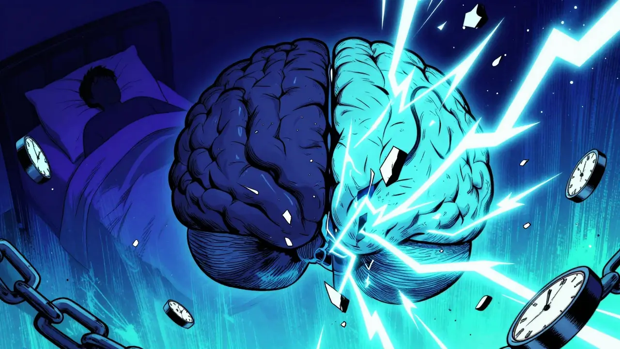 Illustration showing brain chaos and sleep fragmentation due to alcohol rebound.