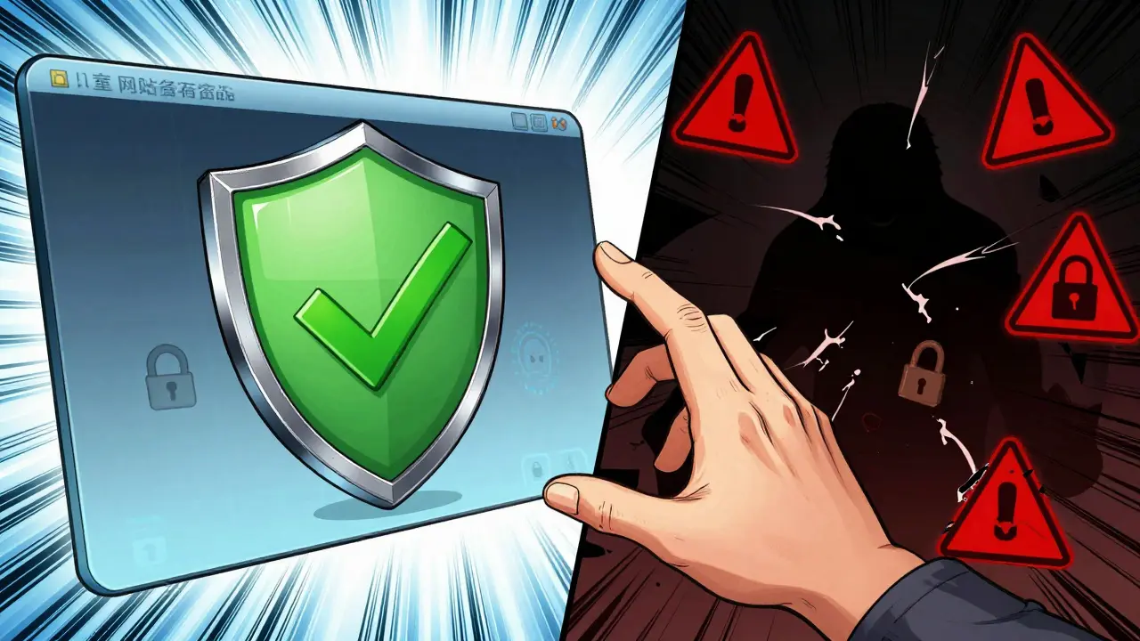 Manhua art comparing a secure online pharmacy interface against a dangerous scam website void.