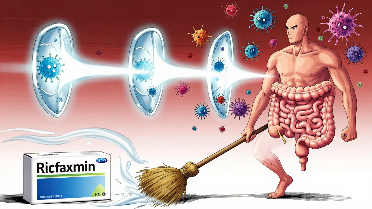 Manhua art depicting antibiotic treatment and gut motility