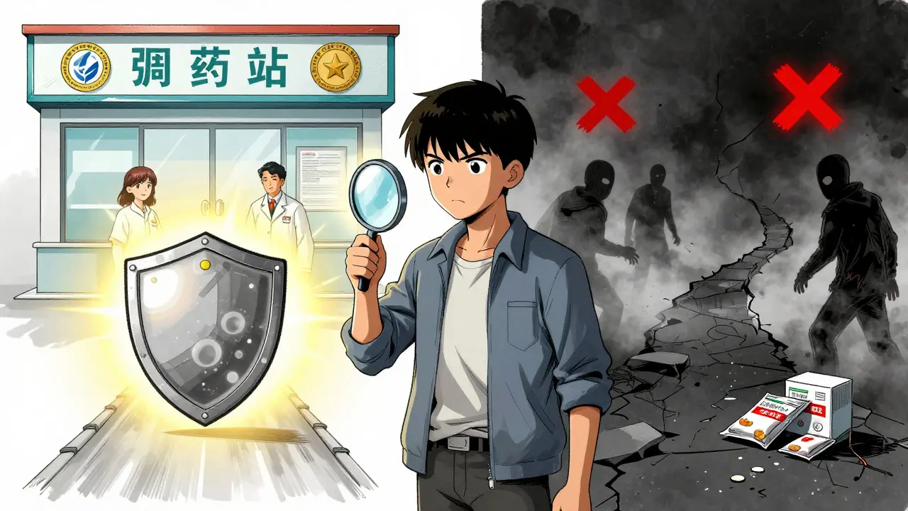 Manhua art showing a person choosing between a verified pharmacy and a shady scam site.