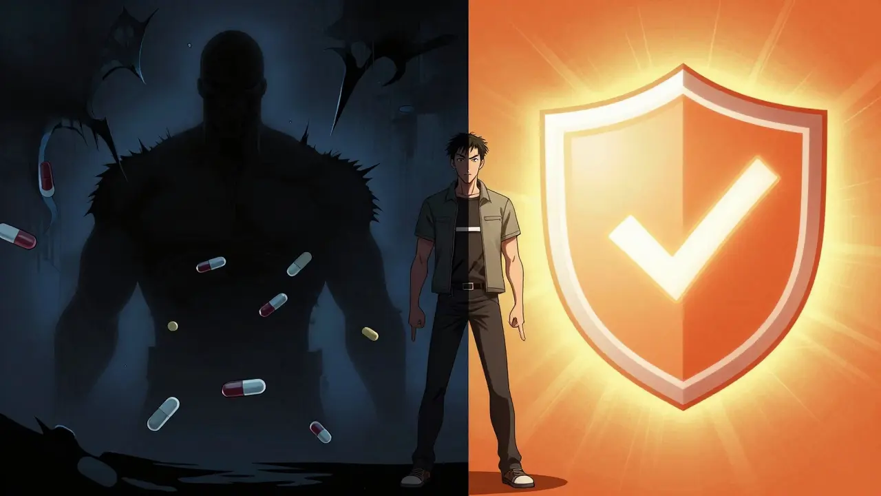 Manhua illustration contrasting safe verified pharmacy with fake drugs