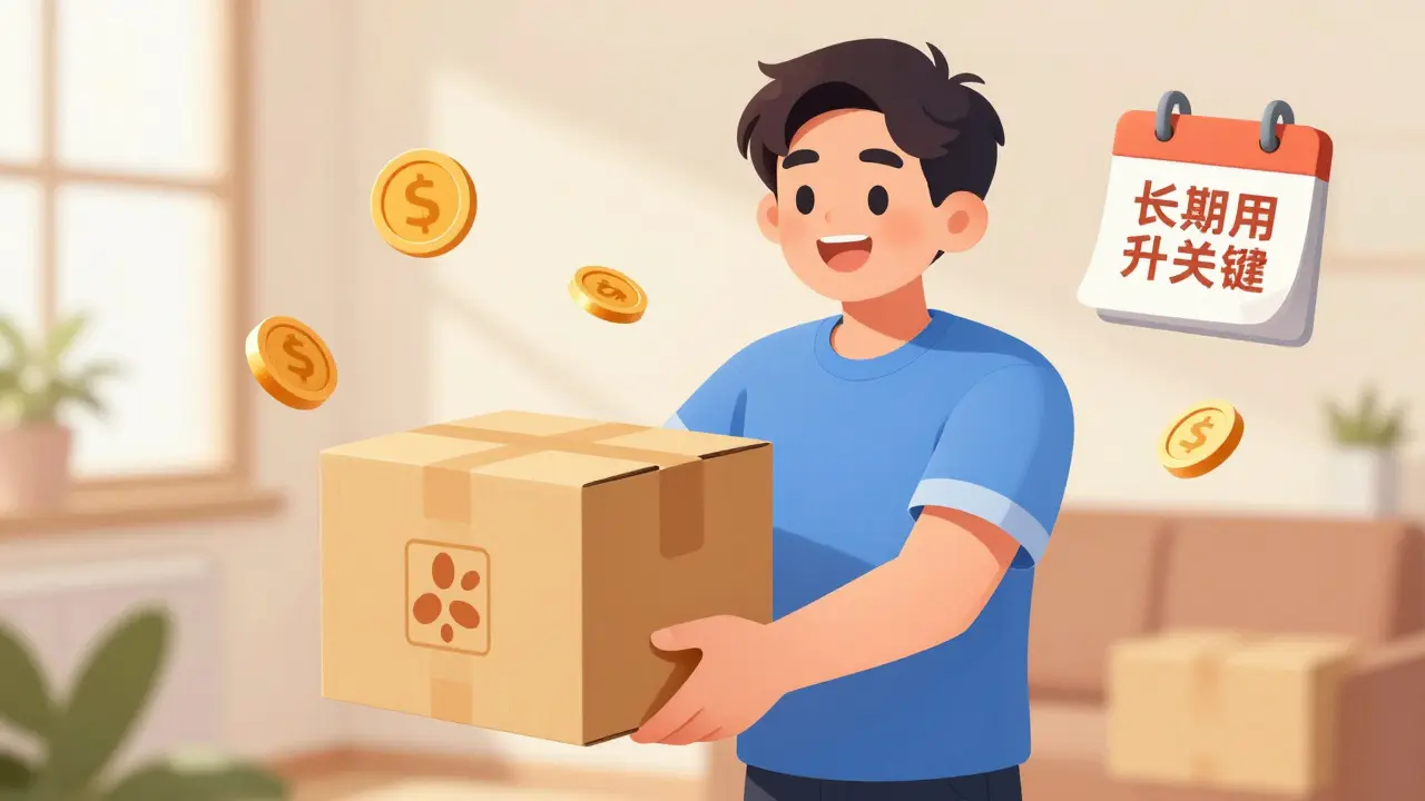 Manhua illustration of a happy person receiving a prescription delivery package at home.
