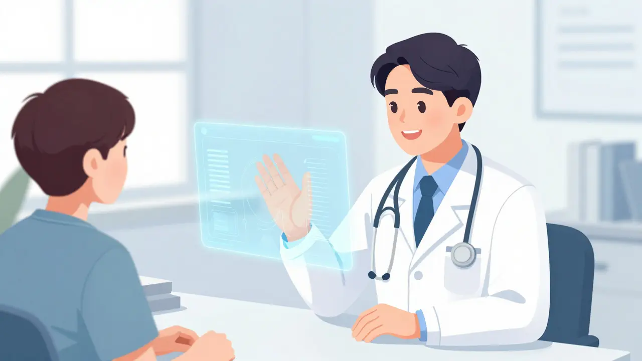 Manhua illustration of a safe telehealth video consultation between a doctor and patient.