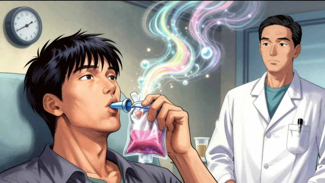 Patient taking a breath test for SIBO diagnosis in manhua style