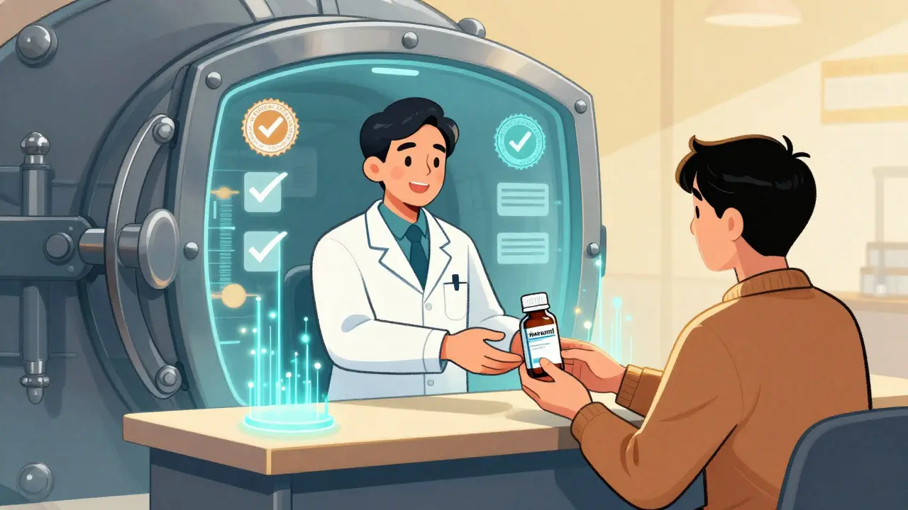 Safe online pharmacy transaction depicted in Chinese manhua art