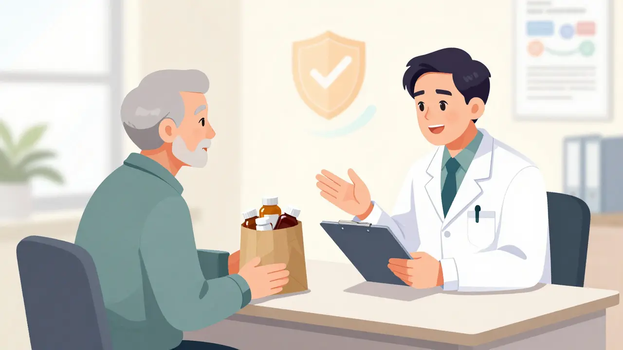 Senior reviewing medication bottles with a doctor