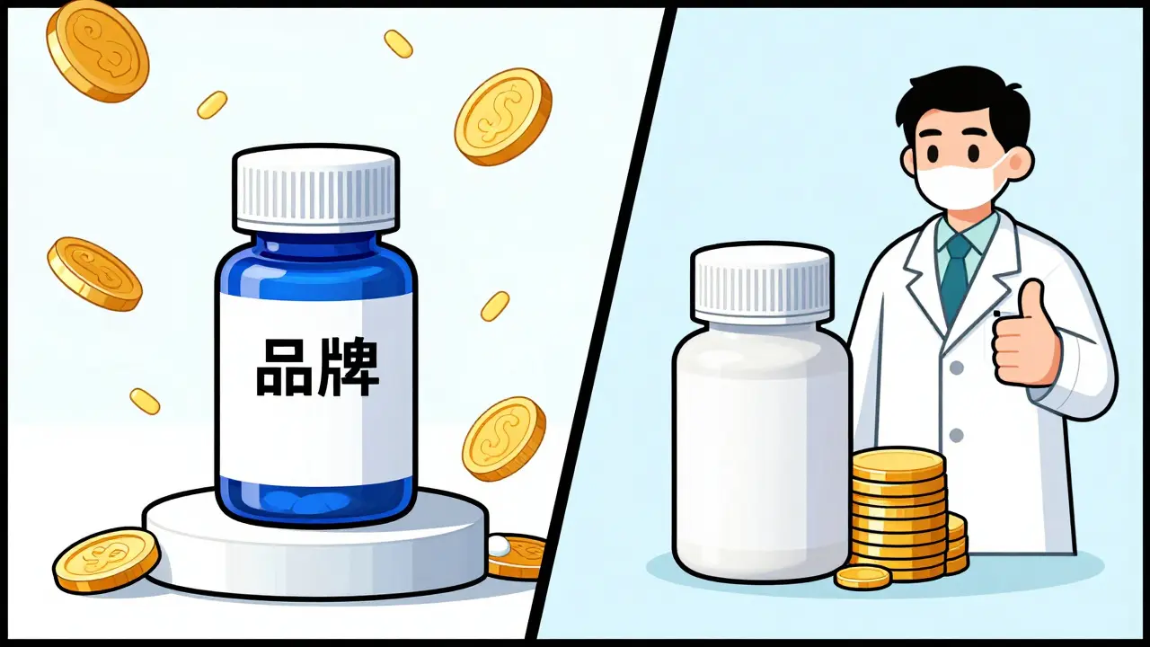Cartoon illustration comparing expensive brand medication vs cheap generic option