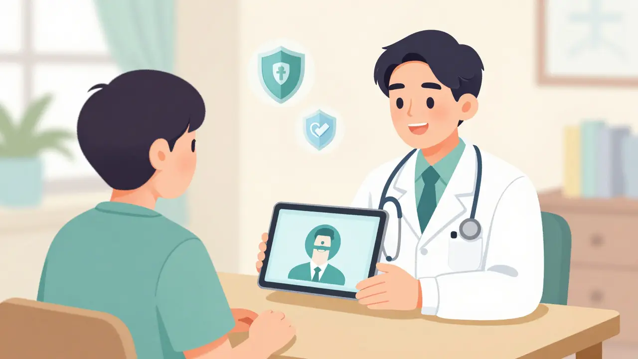 Cartoon illustration of a safe telehealth video call with a doctor for a prescription.