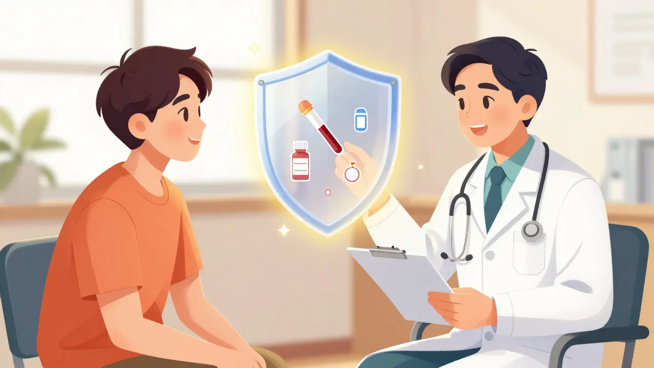 Cartoon style image of a patient and clinician collaborating safely with a protective light shield.