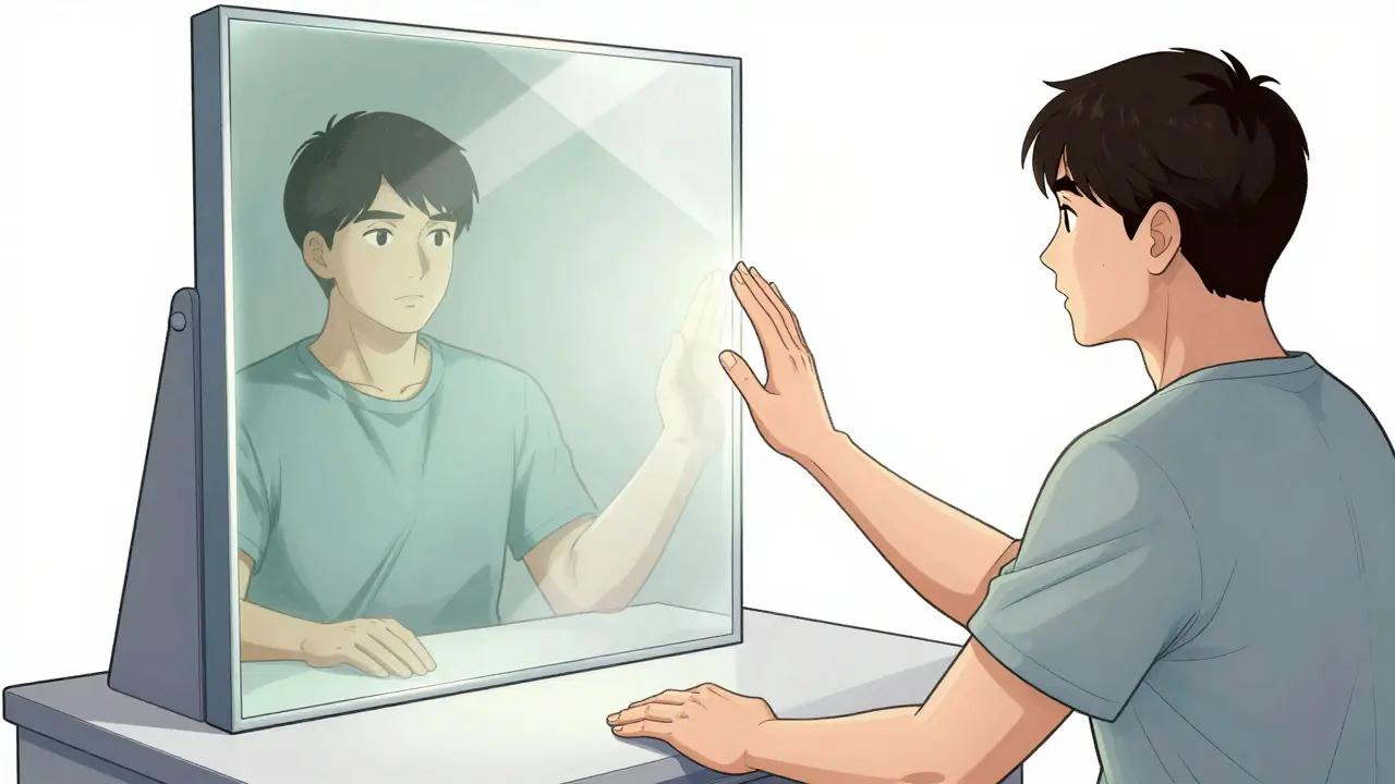 Chinese comic illustration of a patient using a mirror box for therapy, seeing a healed reflection.