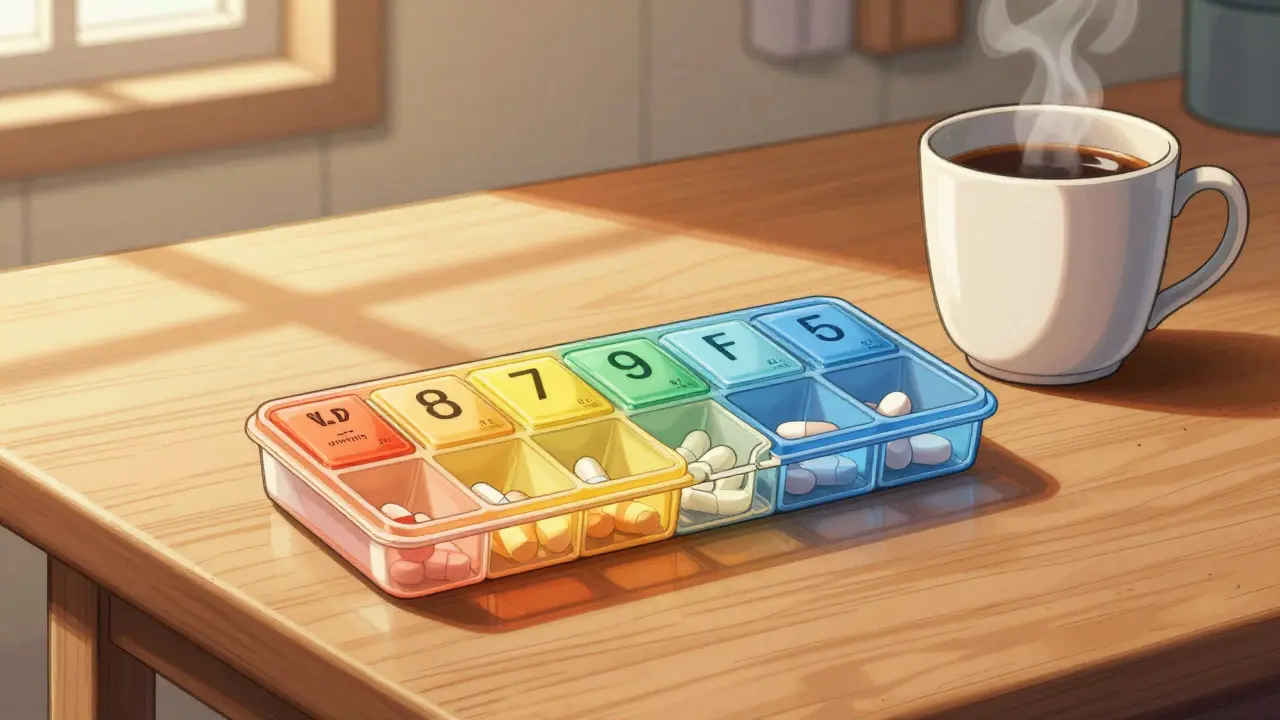 Close-up of weekly pill organizer on table with coffee in cartoon style