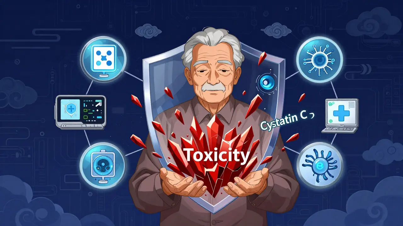 Conceptual art of AI tools and biomarkers protecting a senior from medication toxicity.