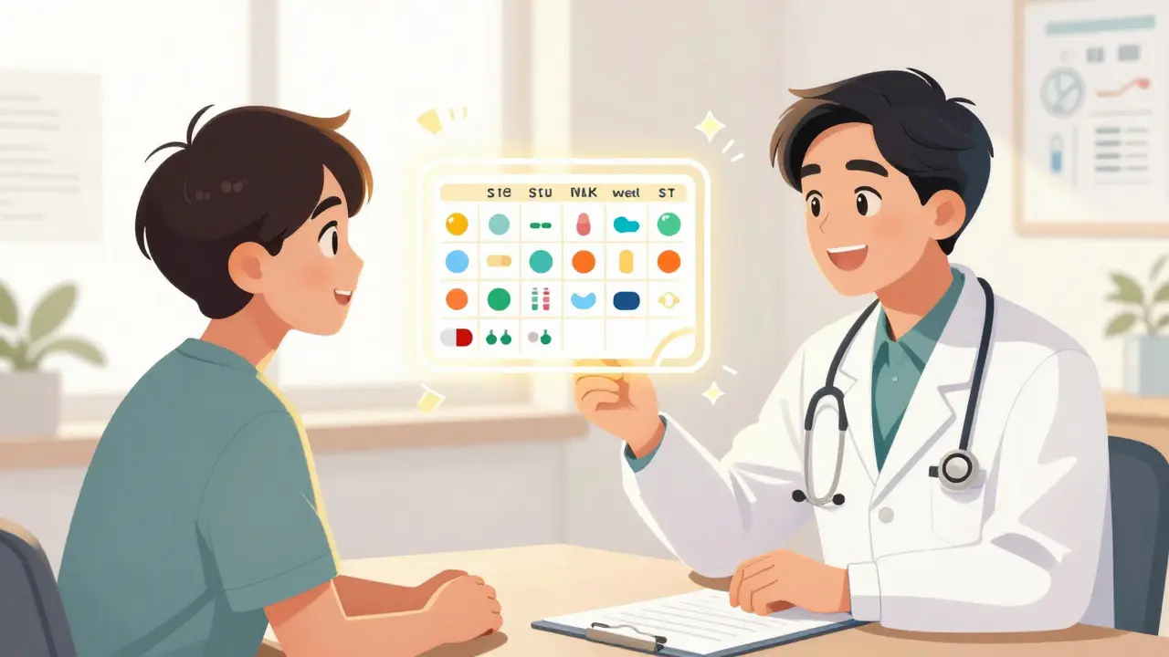 Doctor and patient discussing medication plan in Chinese comic style