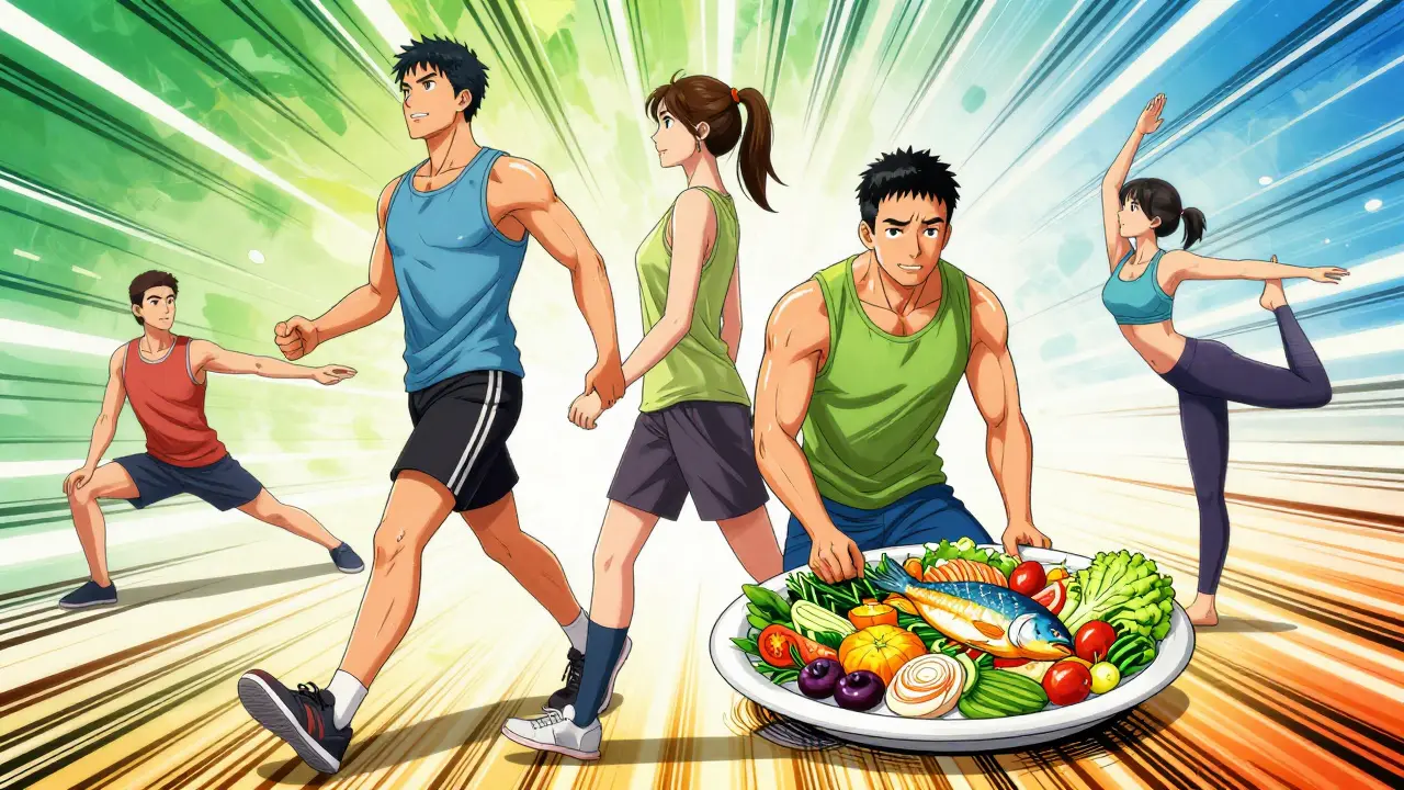 Dynamic cartoon of people exercising, eating healthy, and doing yoga to reverse diabetes