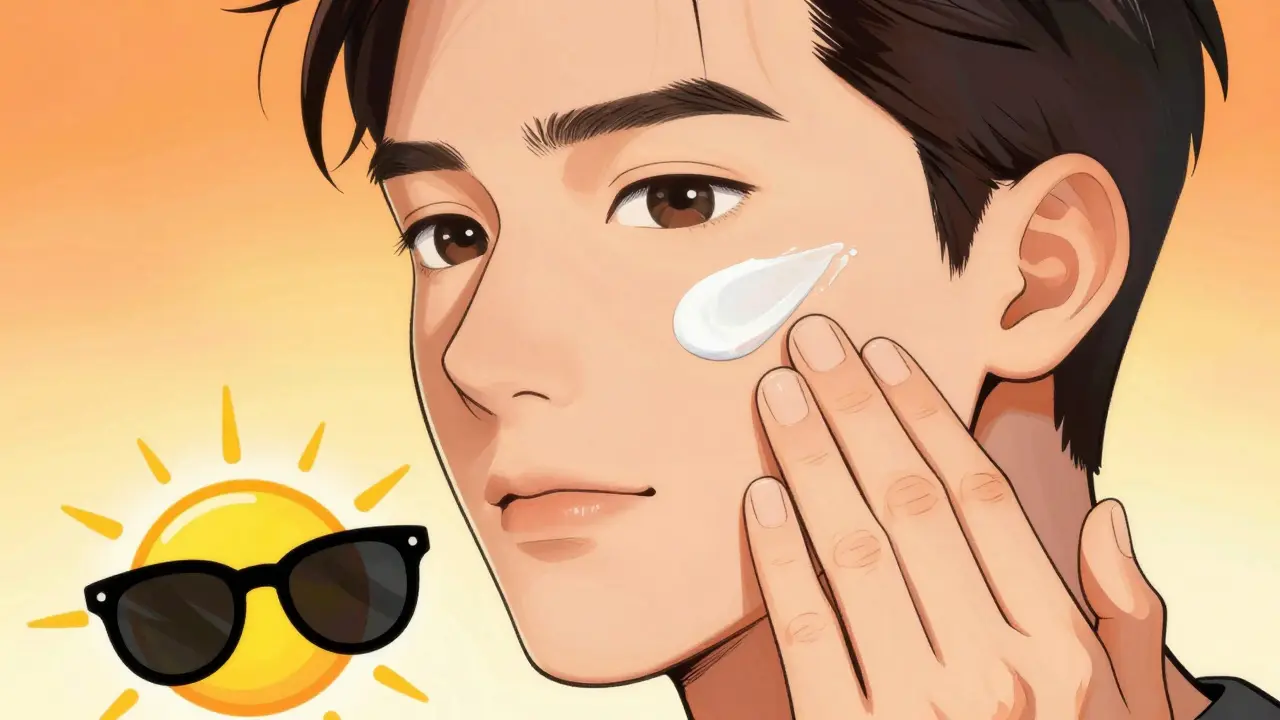 Hand applying cream with sun icon emphasizing SPF