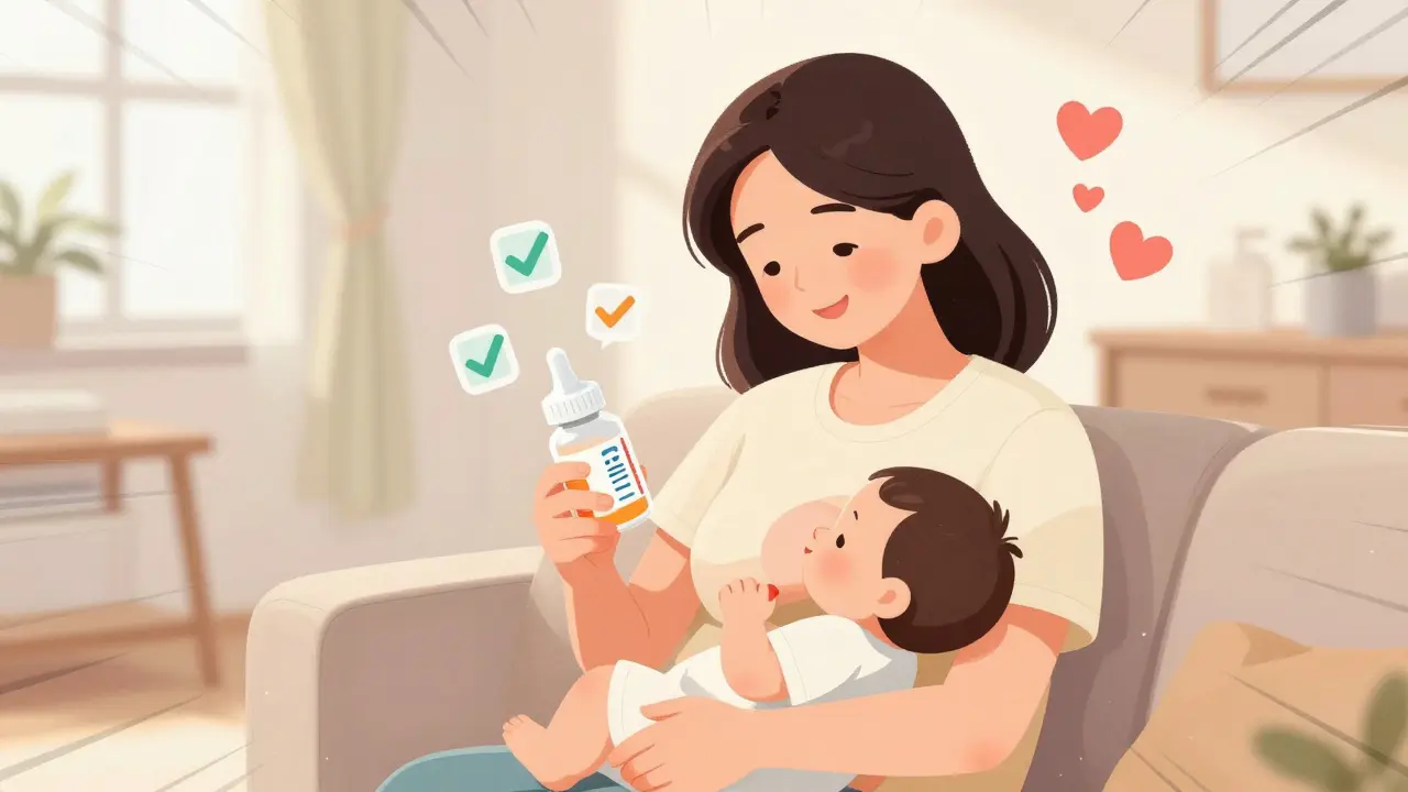 Happy mother breastfeeding safely while taking approved over-the-counter medication