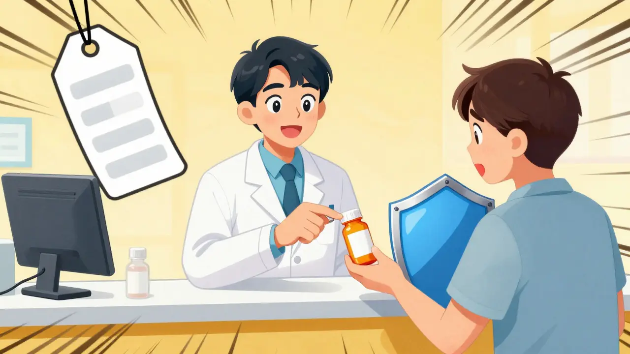 Illustration of a happy customer receiving affordable generic medication at a local pharmacy.
