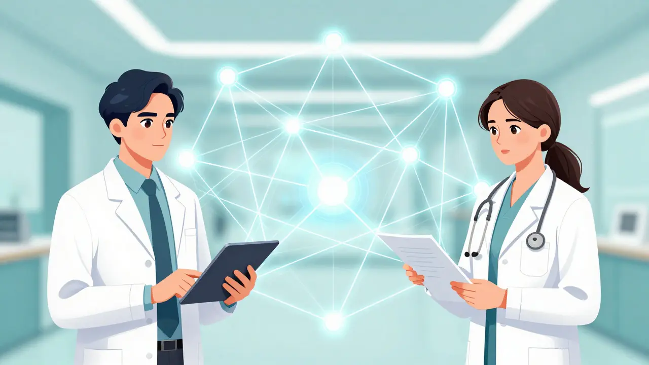 Illustration of doctors and pharmacists connected by a glowing network of shared medical data.