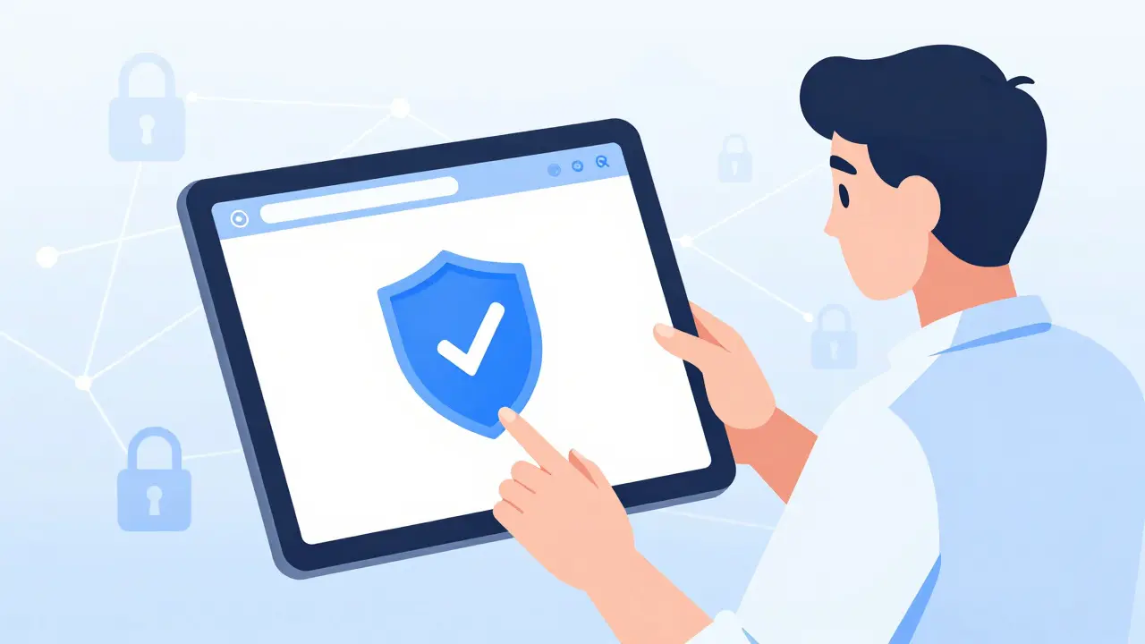 Illustration of person safely verifying an online pharmacy with shield icon