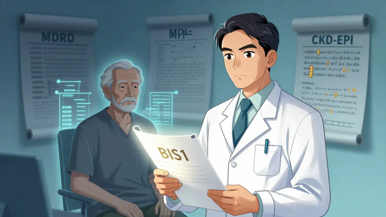 Illustration showing a pharmacist choosing the BIS1 equation over older methods for safe dosing.