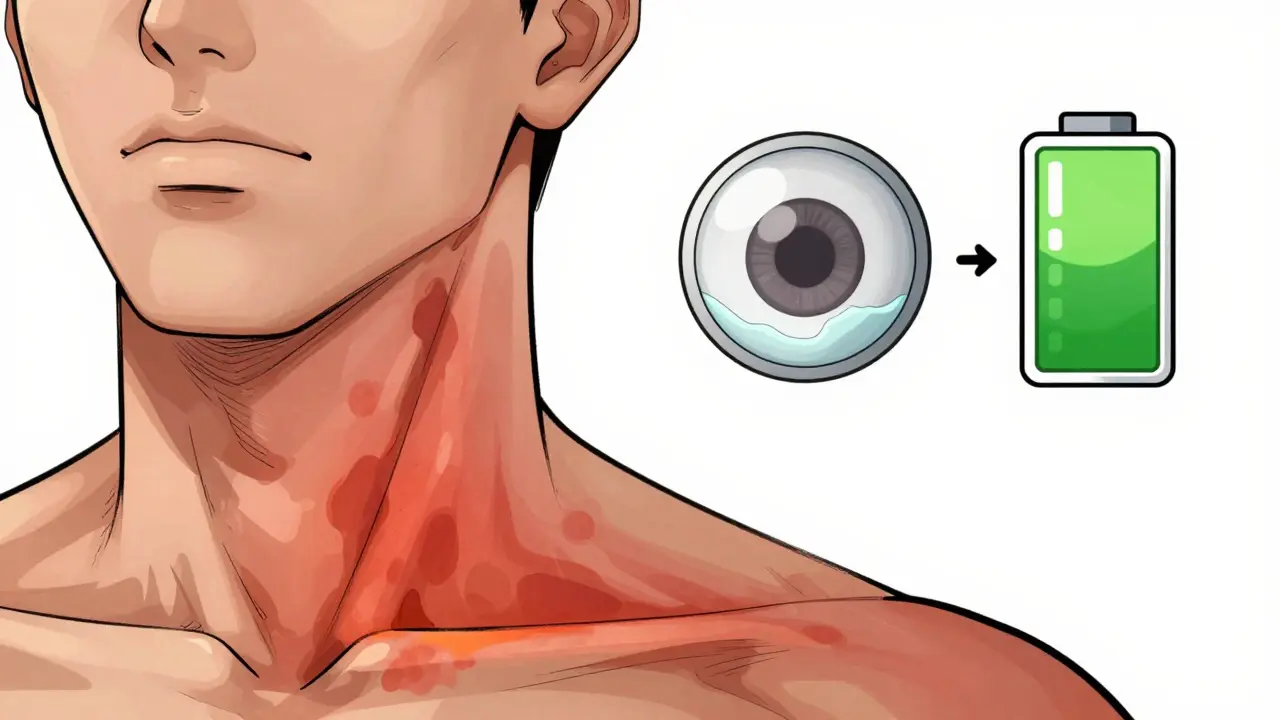 Illustration showing skin changes, blurry eyes, and low energy as prediabetes signs