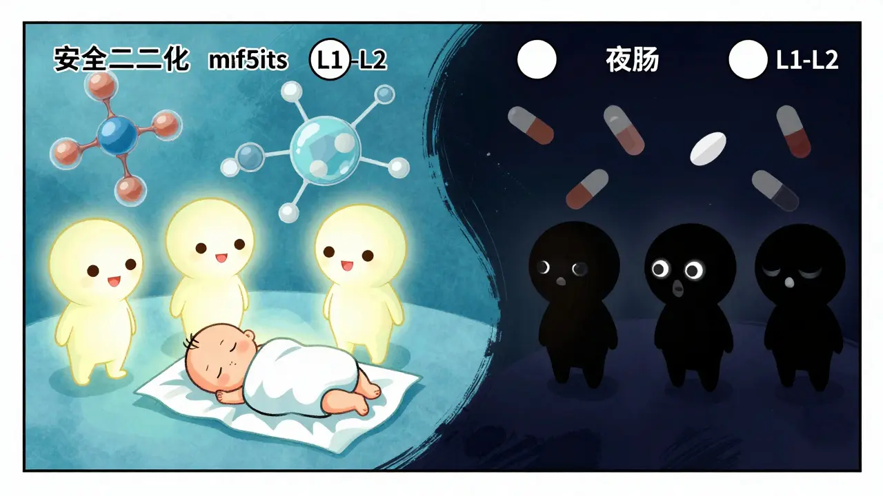 Manhua illustration comparing safe vs unsafe medications for breastfeeding moms