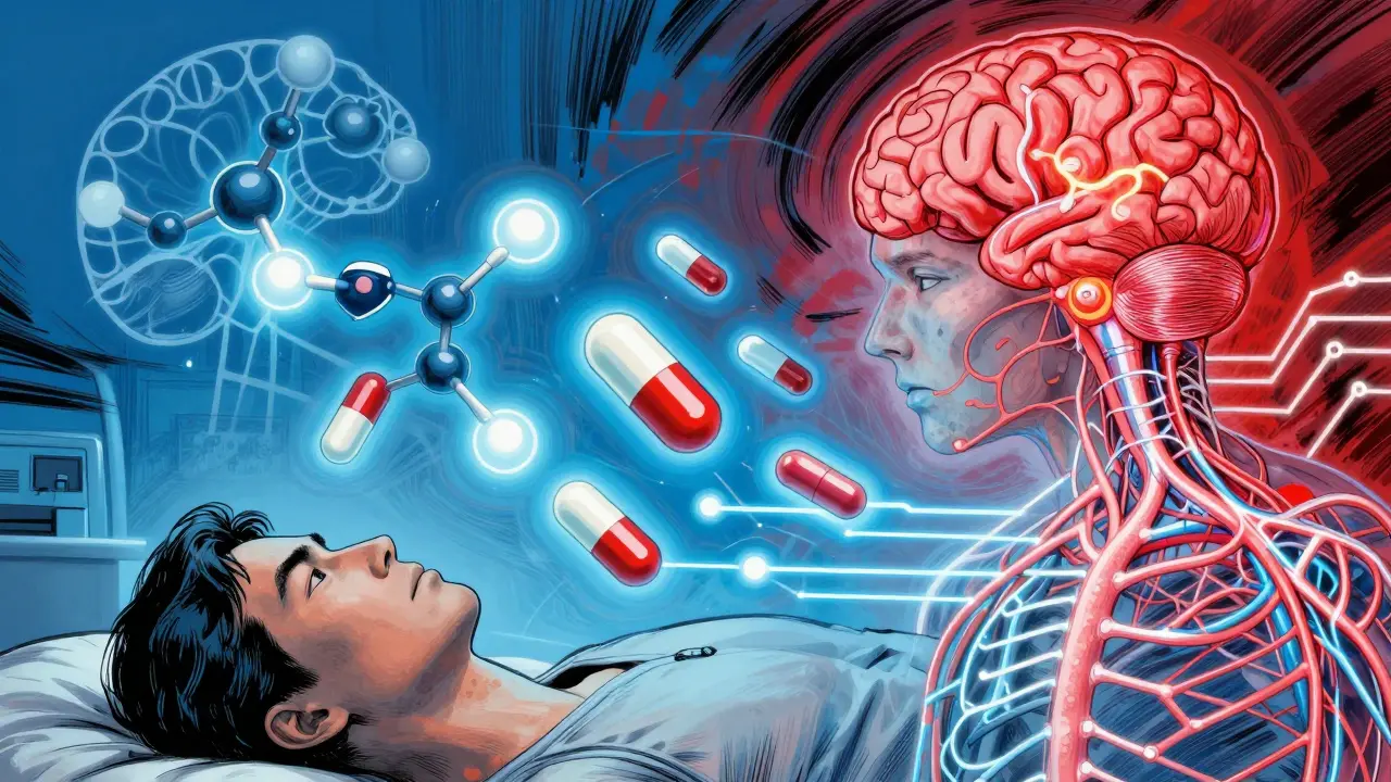 Manhua style depiction of medication calming nervous system pathways with glowing molecules.