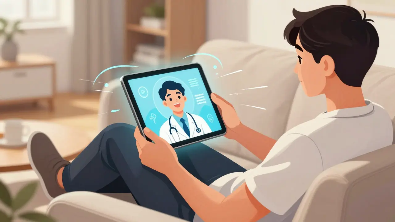Person consulting doctor via tablet on sofa at home