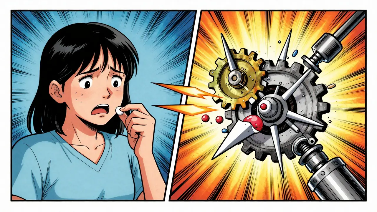 Cartoon depiction of enzymes destroying birth control hormones causing distress