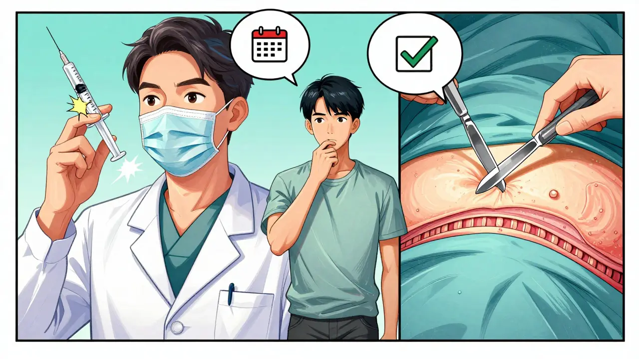 Comic style comparison of injection and surgery treatments for hand contracture.