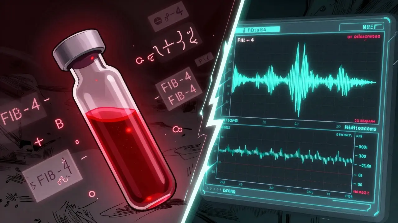 Conceptual art comparing blood serum tests and liver stiffness scanning devices
