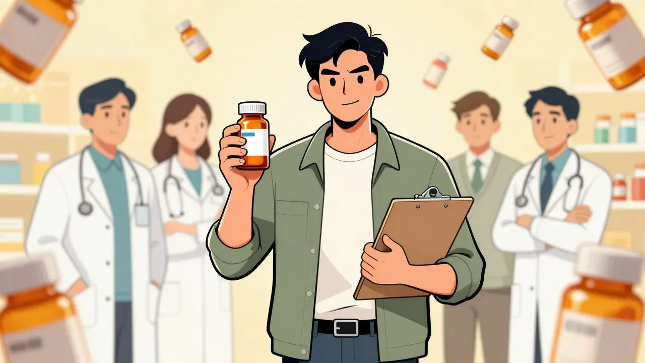 Confident patient holding medication and records in a vibrant cartoon style.