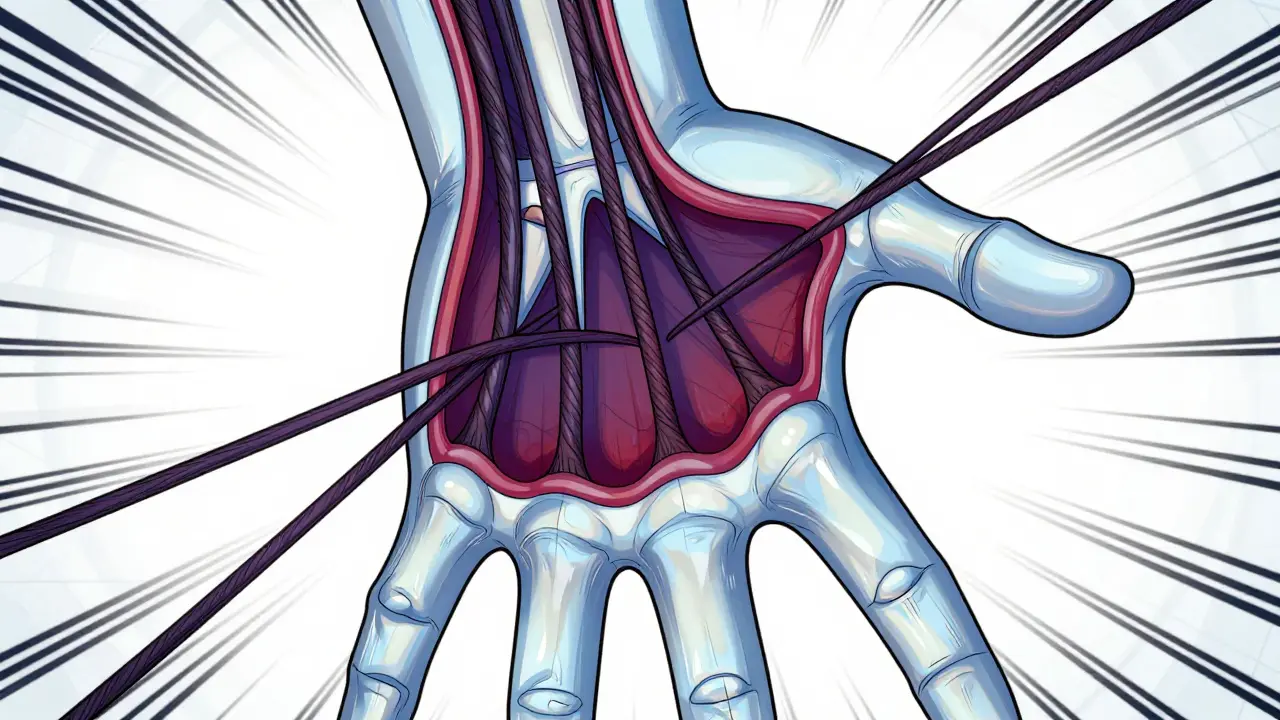 Cross-section illustration showing fibrous cords pulling fingers down in a hand.
