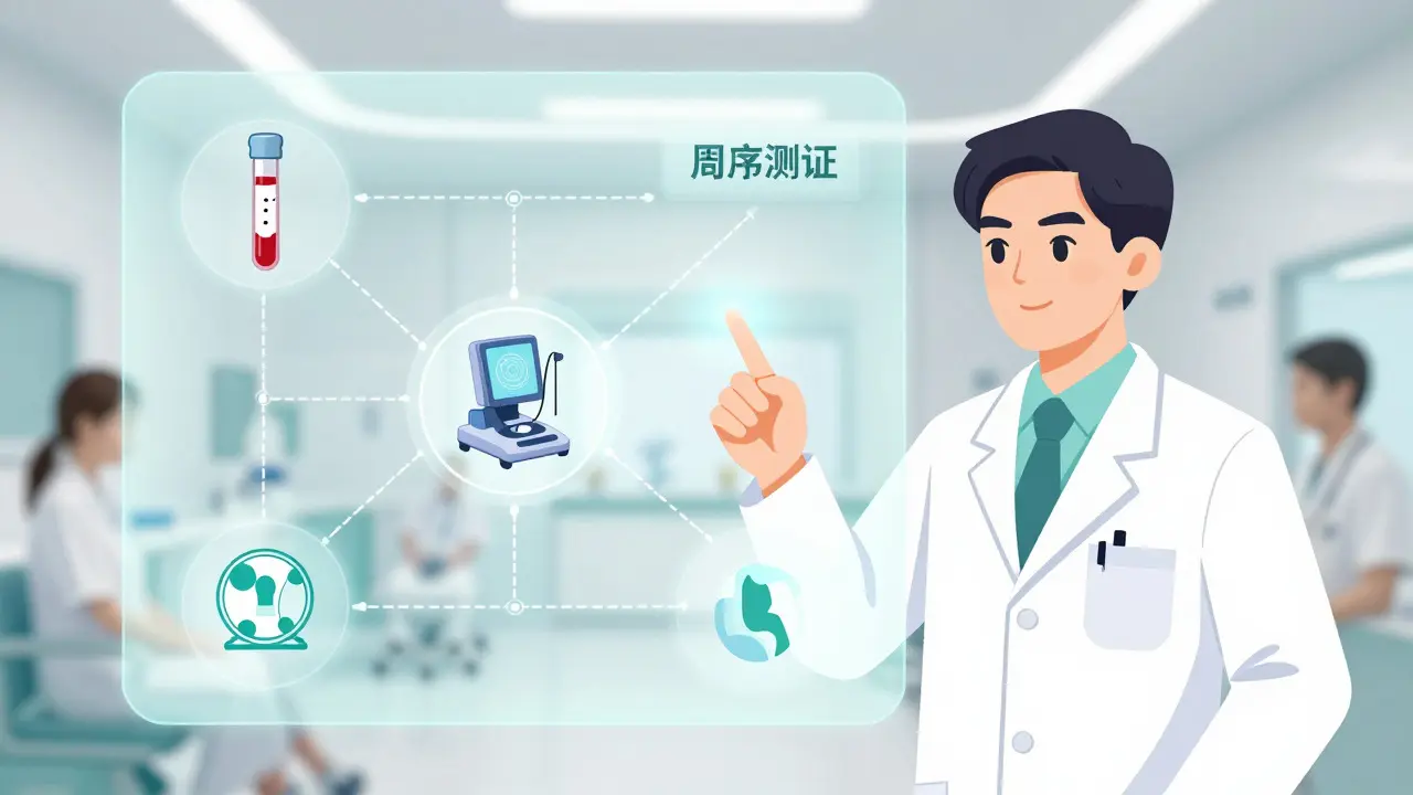 Doctor explaining sequential liver fibrosis testing strategy via hologram
