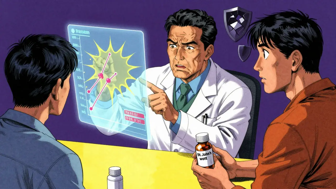 Doctor warning patient about St. John's Wort drug interaction risks in comic style