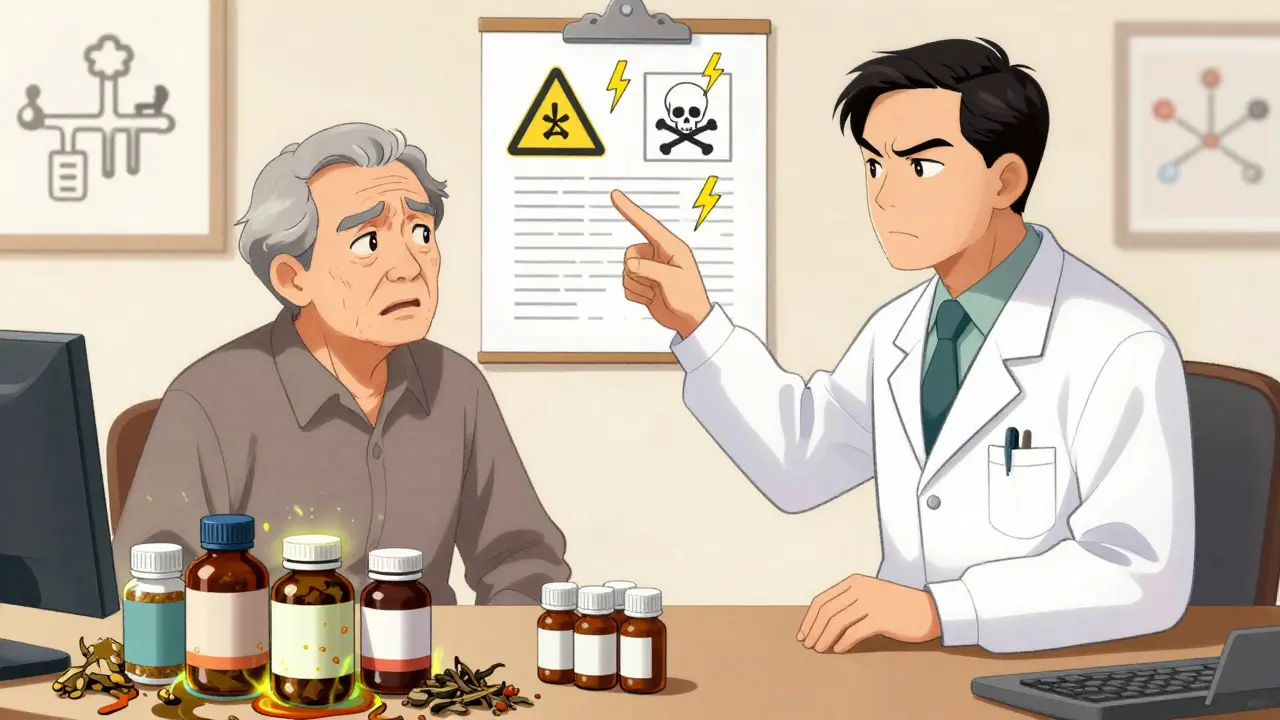 Elderly patient consulting doctor about risky herbal supplements
