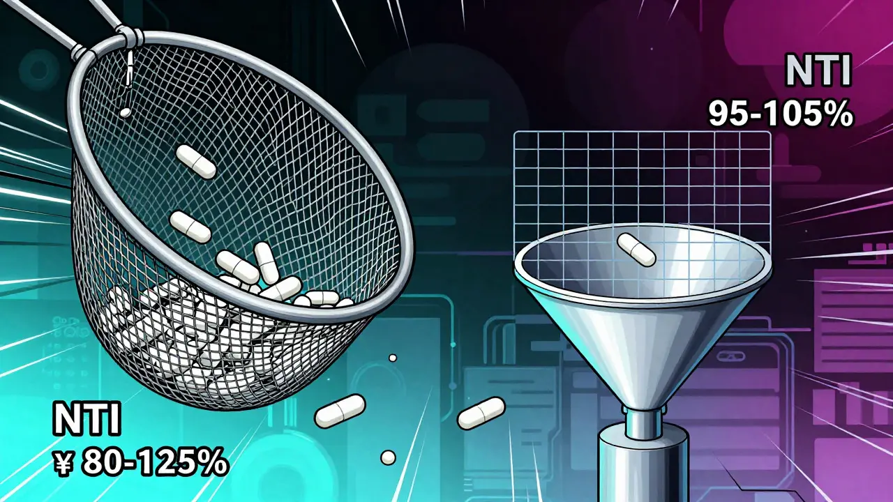 Illustration comparing wide vs tight drug tolerance nets in Chinese comic style.