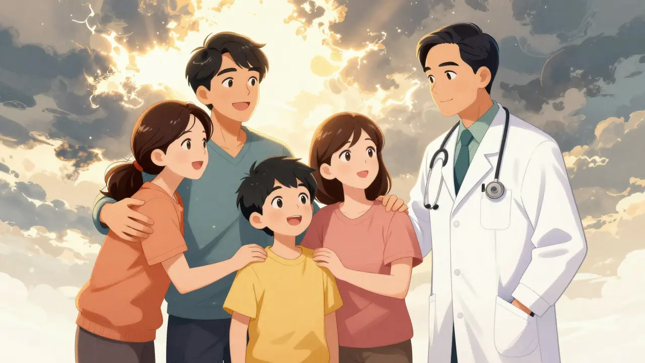 Manhua illustration of family and doctor united in hope, warm light breaking through darkness.