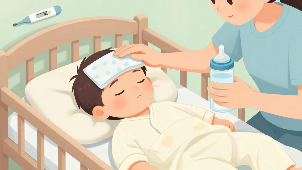 Manhua style: Parent using cool cloth and hydration to soothe baby