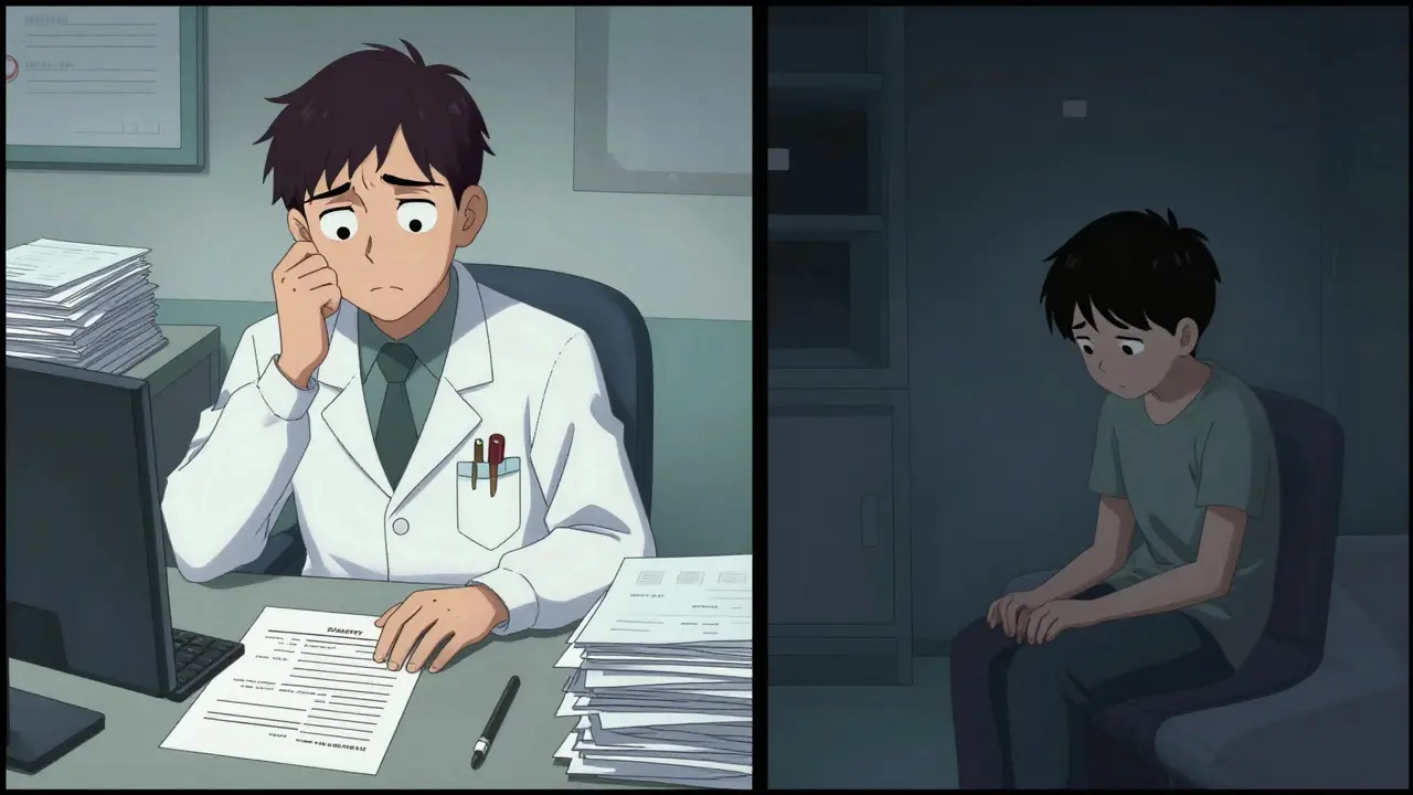 Split scene in manhua style: stressed doctor with paperwork and isolated depressed teen.